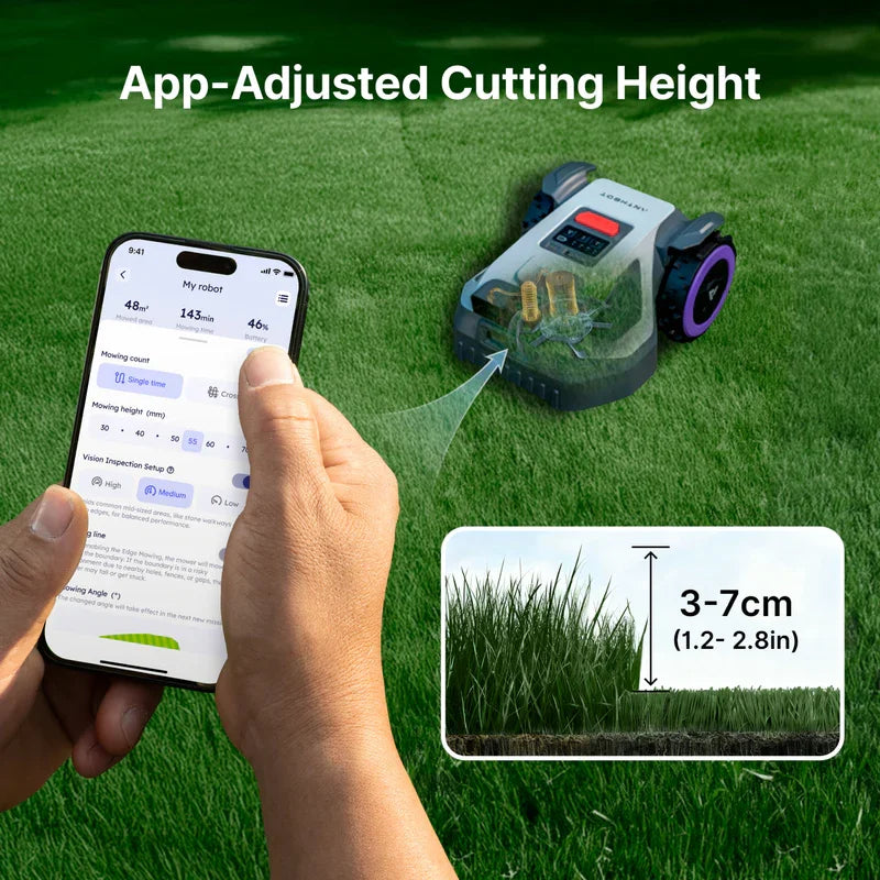 Anthbot M5+ lifestyle shot of green and blue smart mower