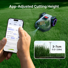 Anthbot M5+ lifestyle shot of green and blue smart mower