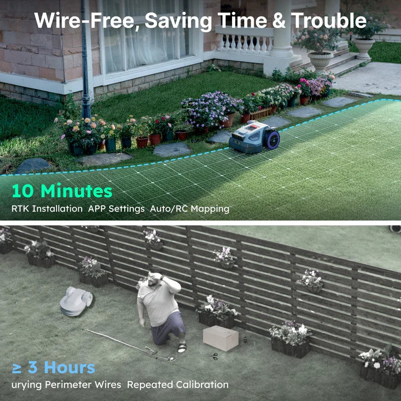 Anthbot M5+ lifestyle shot of wire-free robot lawn mower