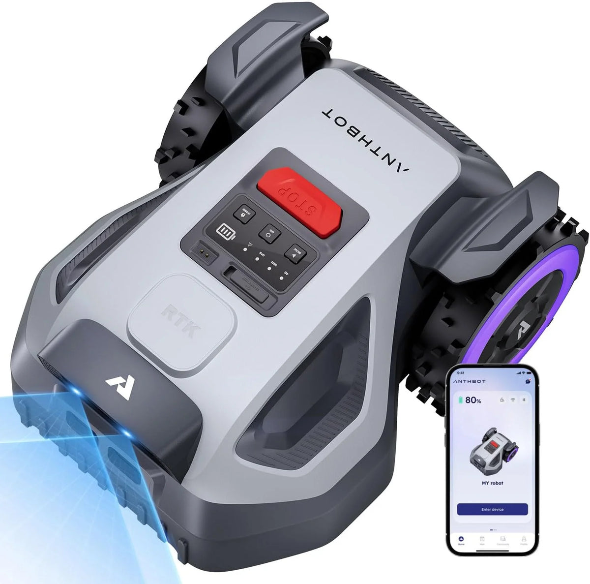 Front view of gray and black robotic pool cleaner with LED display