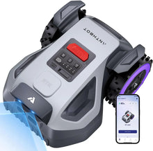 Front view of gray and black robotic pool cleaner with LED display
