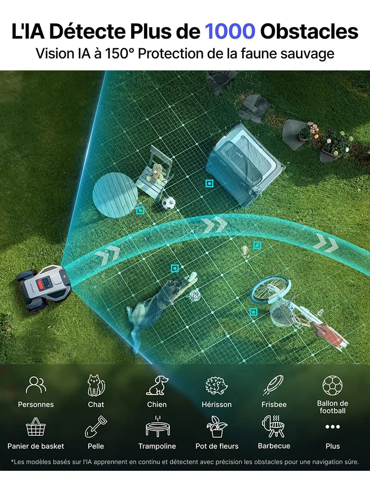 Anthbot M9 detail close-up, blue-white-green robotic mower with obstacle detection