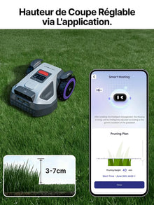 Anthbot M9 lifestyle shot, blue-white-green mower with adjustable cutting height