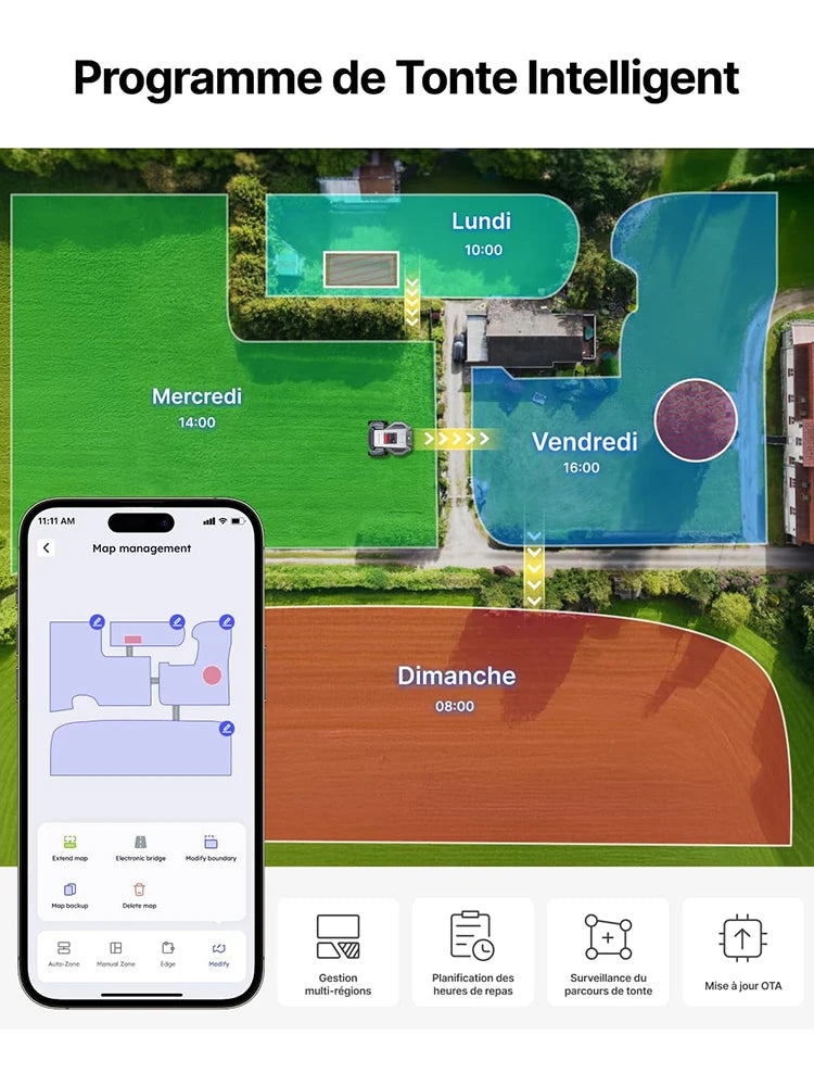 Anthbot M9 app interface screenshot, lawn layout and data visualization