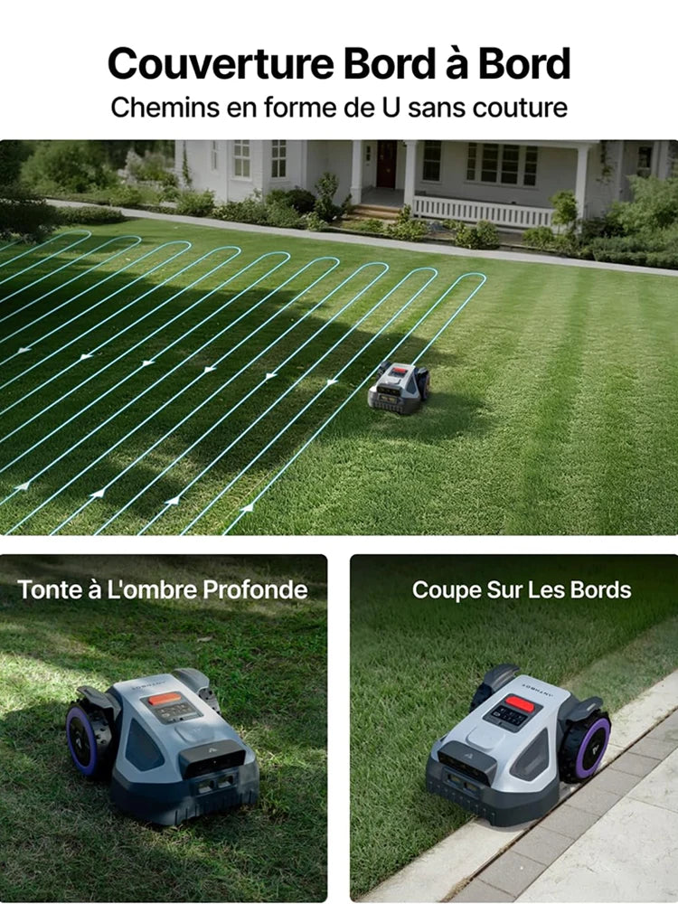Anthbot M9 landscape scene, gray-red-green mower near charging station
