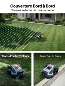 Anthbot M9 landscape scene, gray-red-green mower near charging station