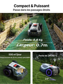 Anthbot M9 outdoor landscape view, blue-red-green mower and charging dock