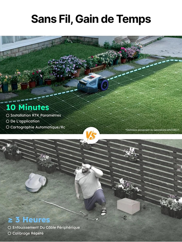 Anthbot M9 garden maintenance scene, tools and lawn layout in background
