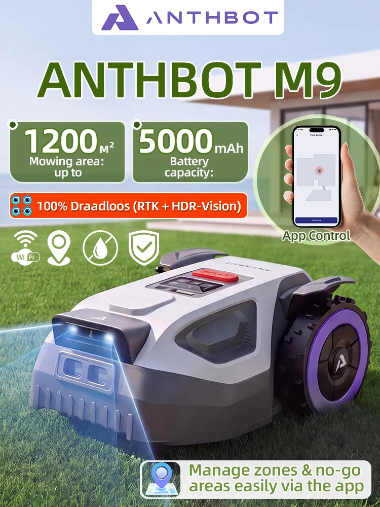 Anthbot M9 packaging shot, blue-white-gray robotic mower on white