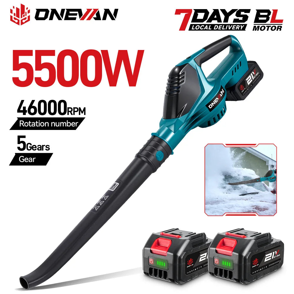 ONEVAN 5500W cordless blower packaging, blue black red with batteries
