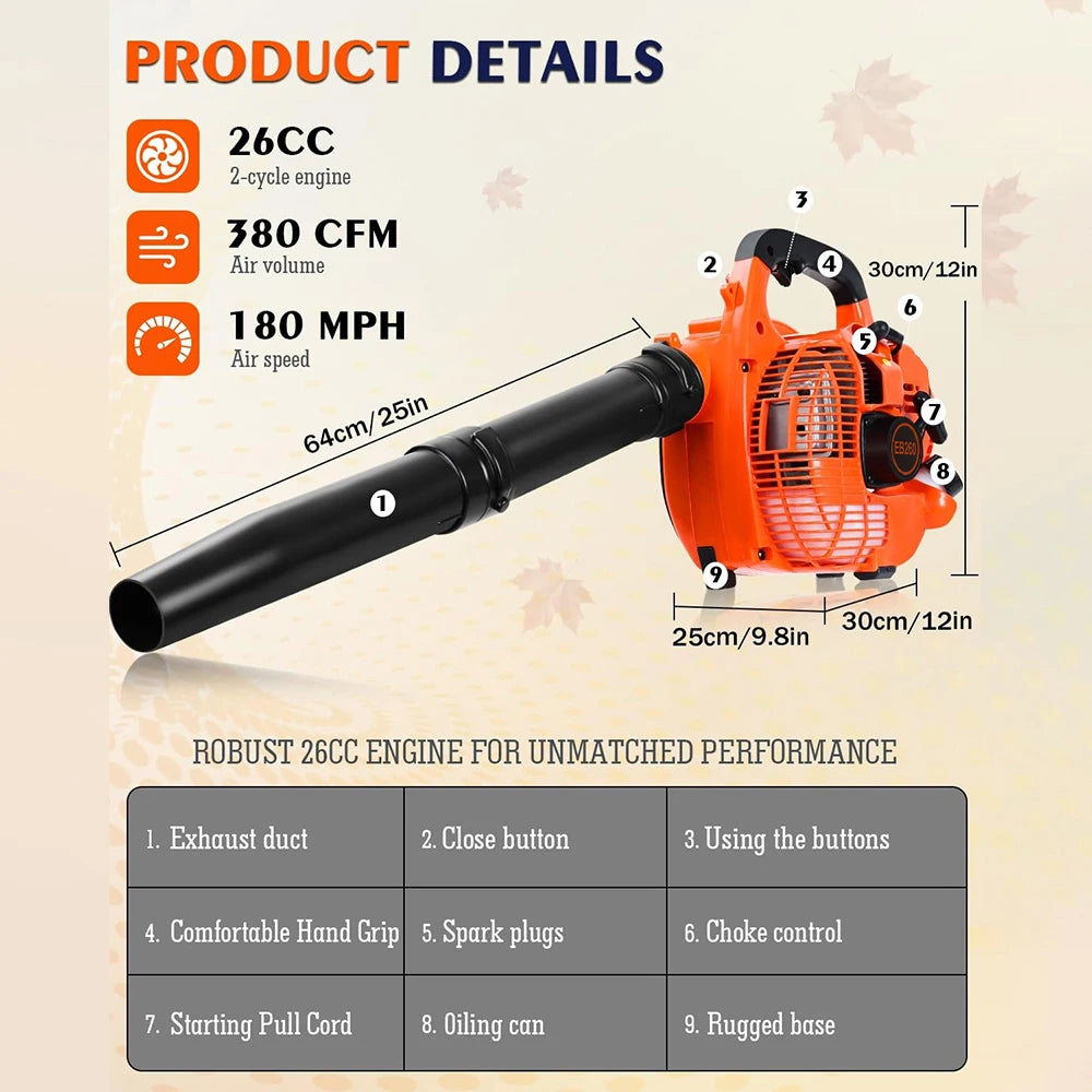 Podofo gas leaf blower detail close-up, orange-black high speed