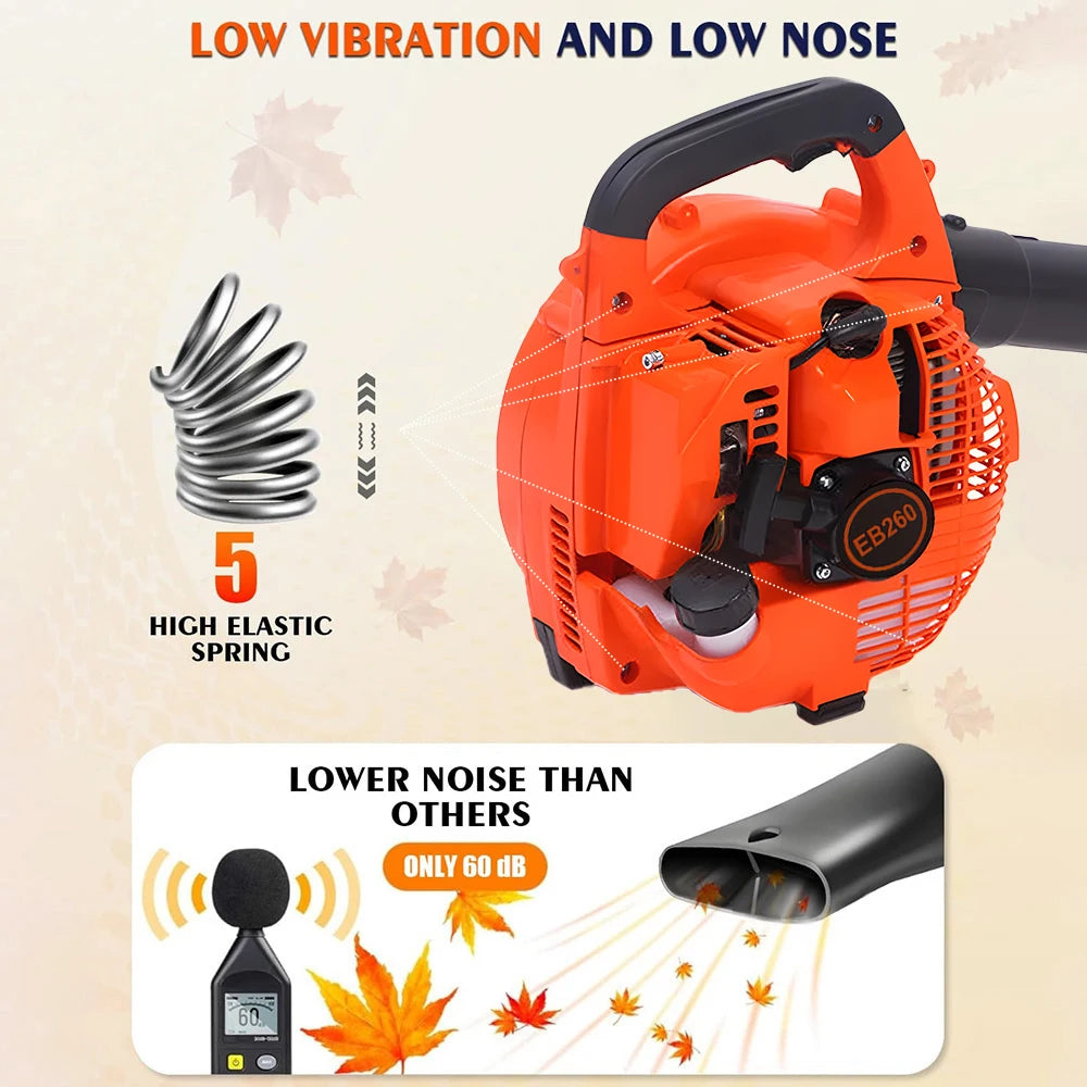 Podofo gas leaf blower detail close-up, orange-black low vibration