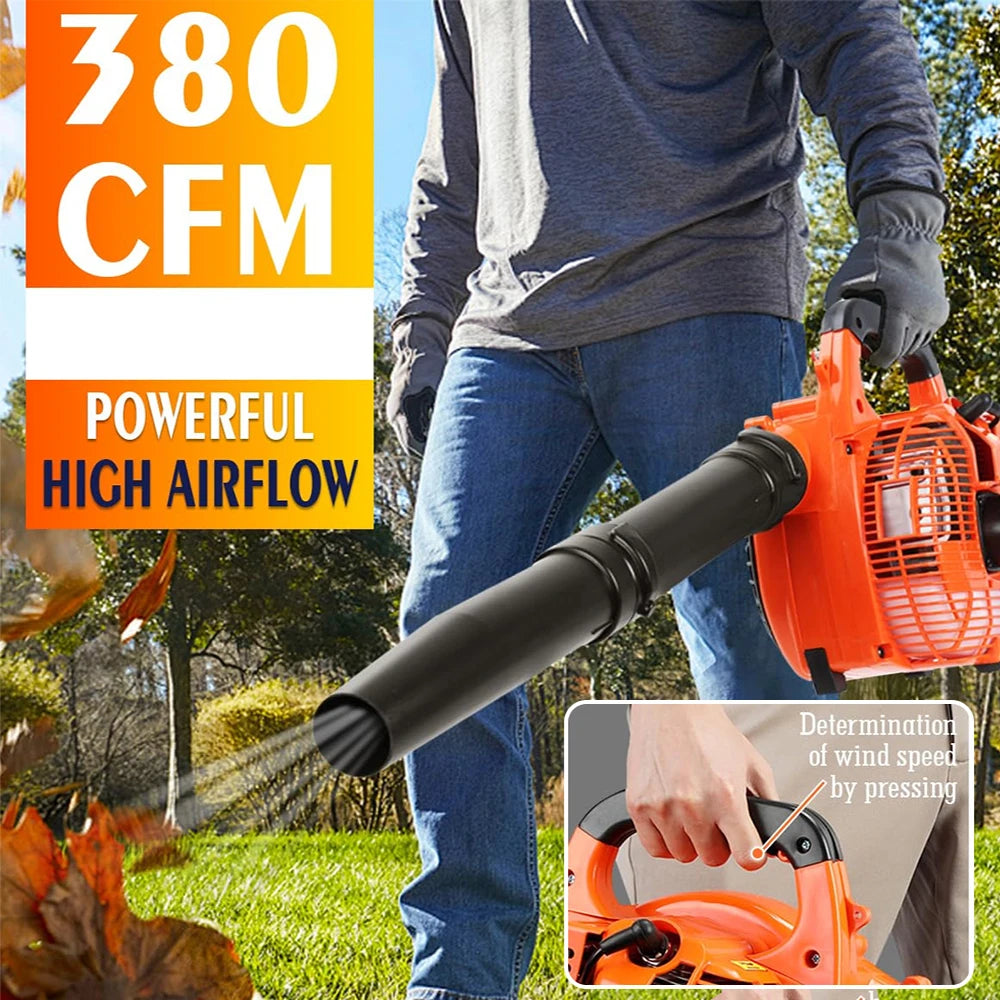Podofo gas leaf blower in use, orange-black high airflow lifestyle