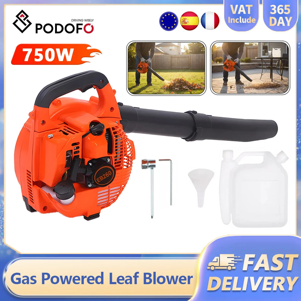 Podofo gas leaf blower orange-black packaging shot with accessories