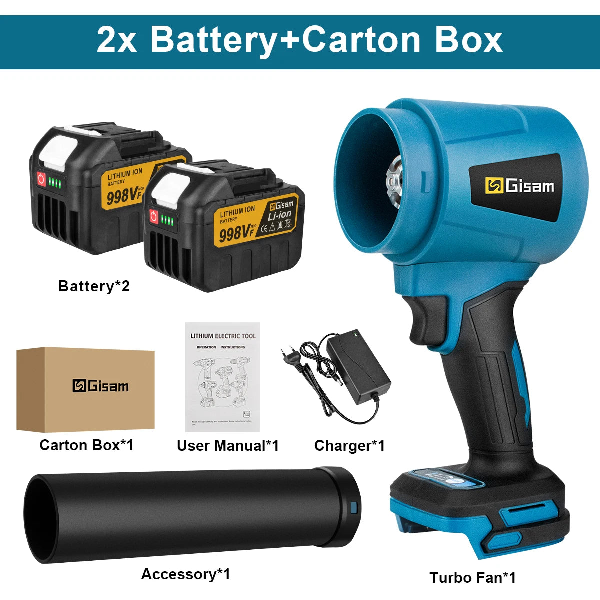 Gisam handheld blower with accessories, two batteries included in box