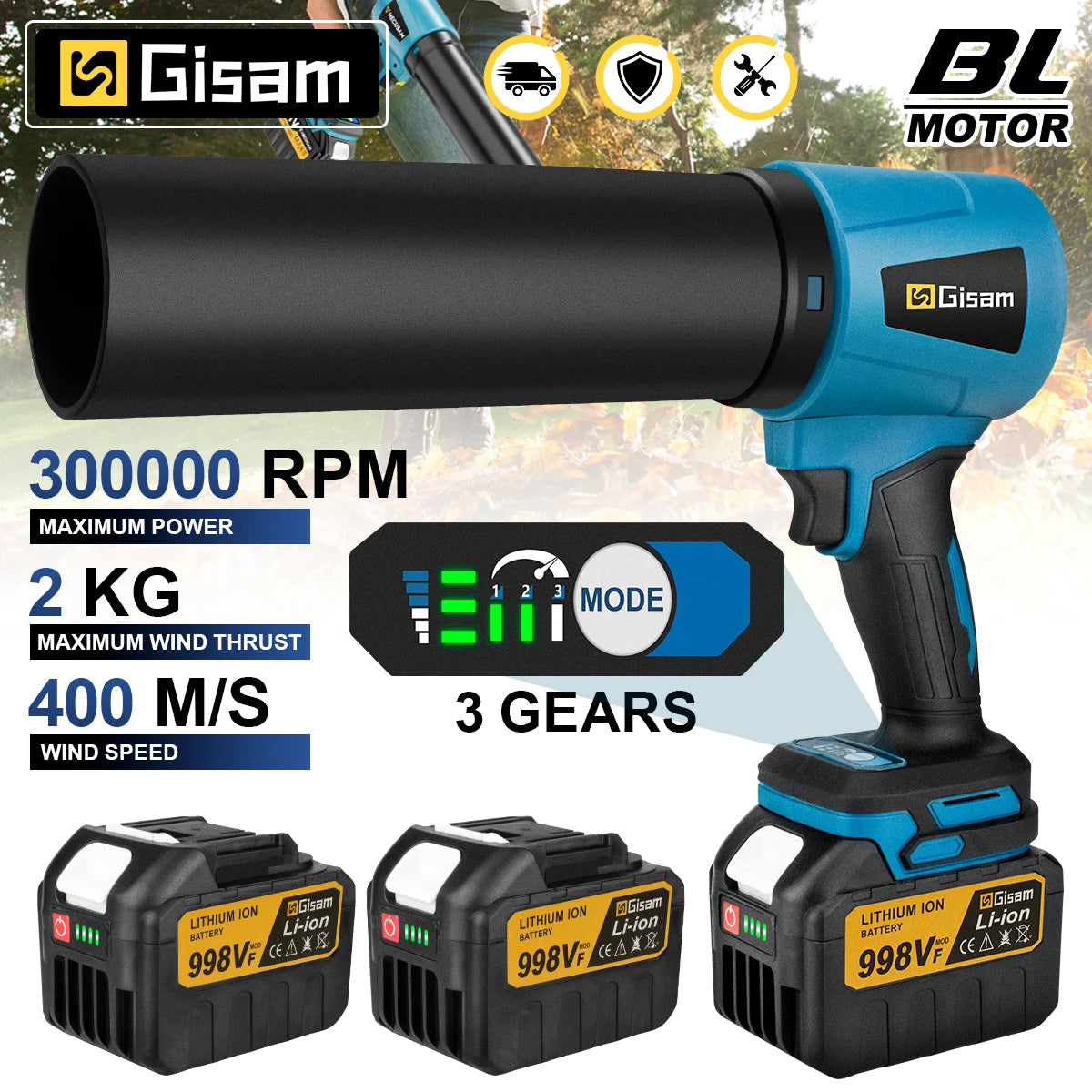Gisam handheld turbo blower packaging, blue and black with yellow accents