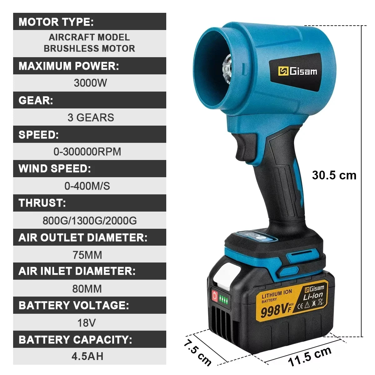 Gisam handheld blower side view, blue and black with battery compartment