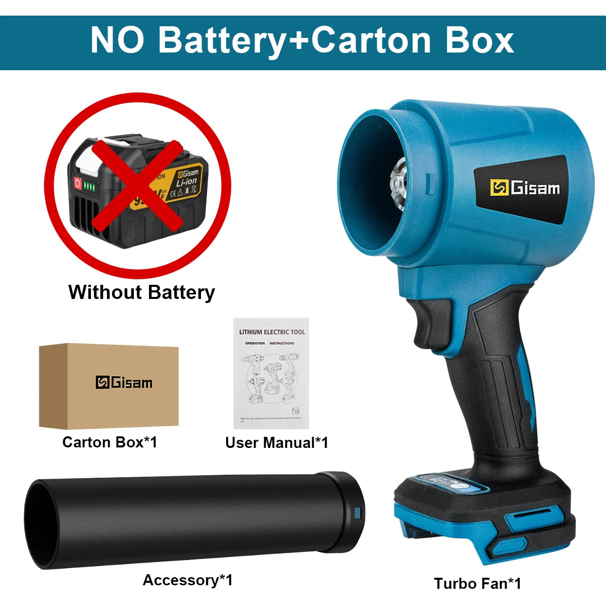 Gisam handheld blower side view, blue and black with specifications list