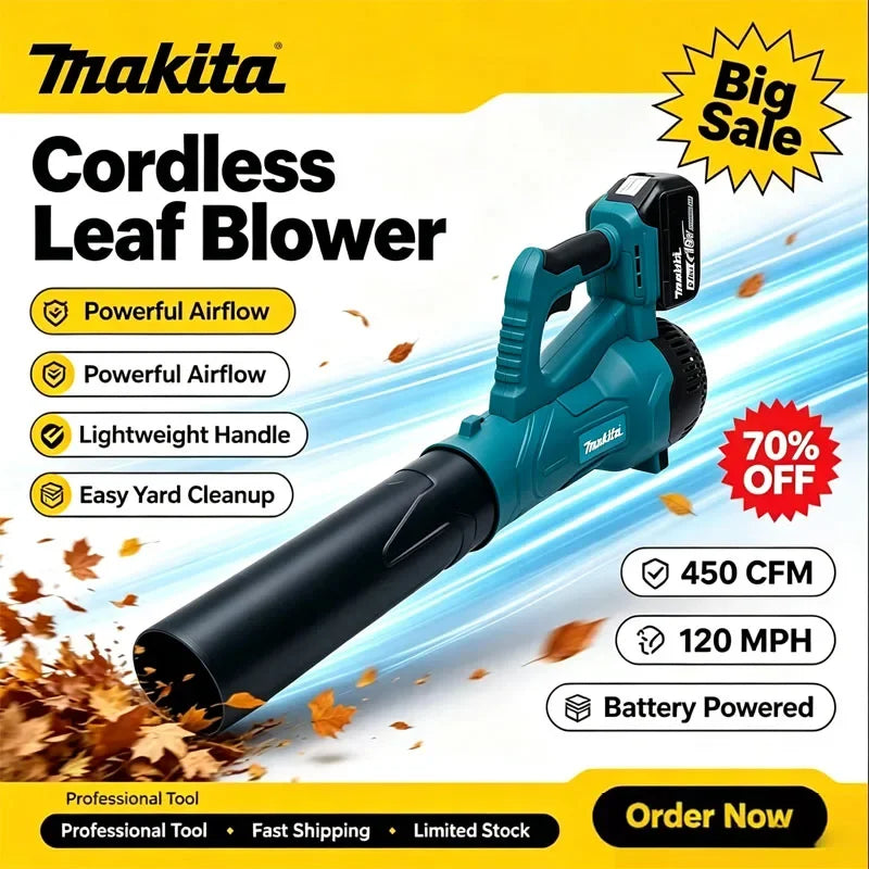 Makita cordless leaf blower packaging, teal black yellow, front view
