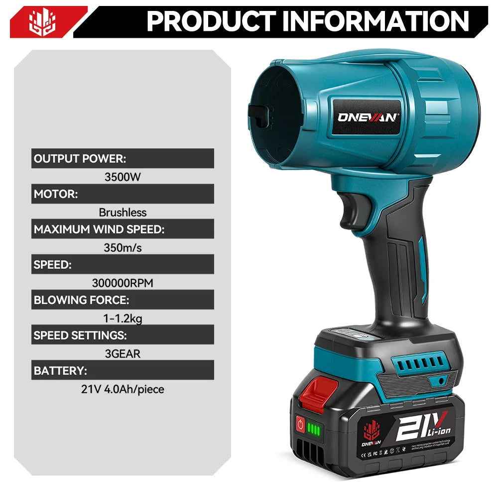 ONEVAN turbo blower close-up with LED display and 3 gear settings, blue and black