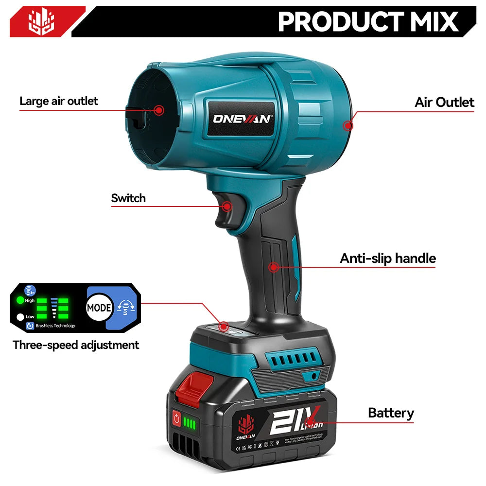 ONEVAN turbo blower detail with LED display and adjustable speed, blue and black