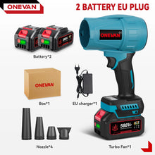 ONEVAN turbo blower in action blowing debris, blue and black