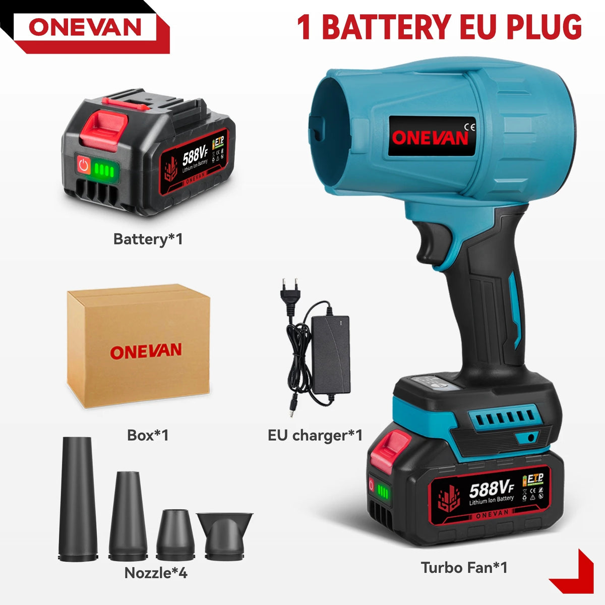 ONEVAN turbo blower lifestyle shot with battery and charger, blue and green