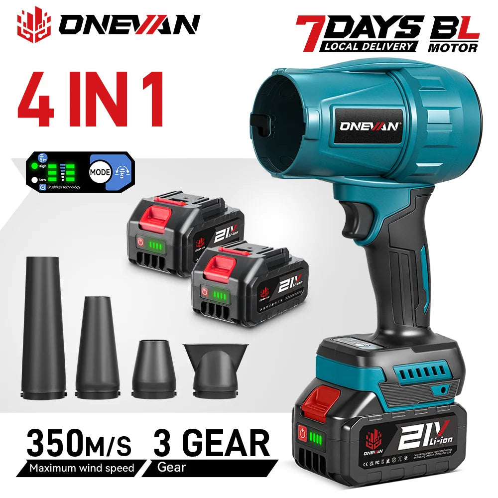 ONEVAN turbo blower packaging with blue, black, red kit and two batteries