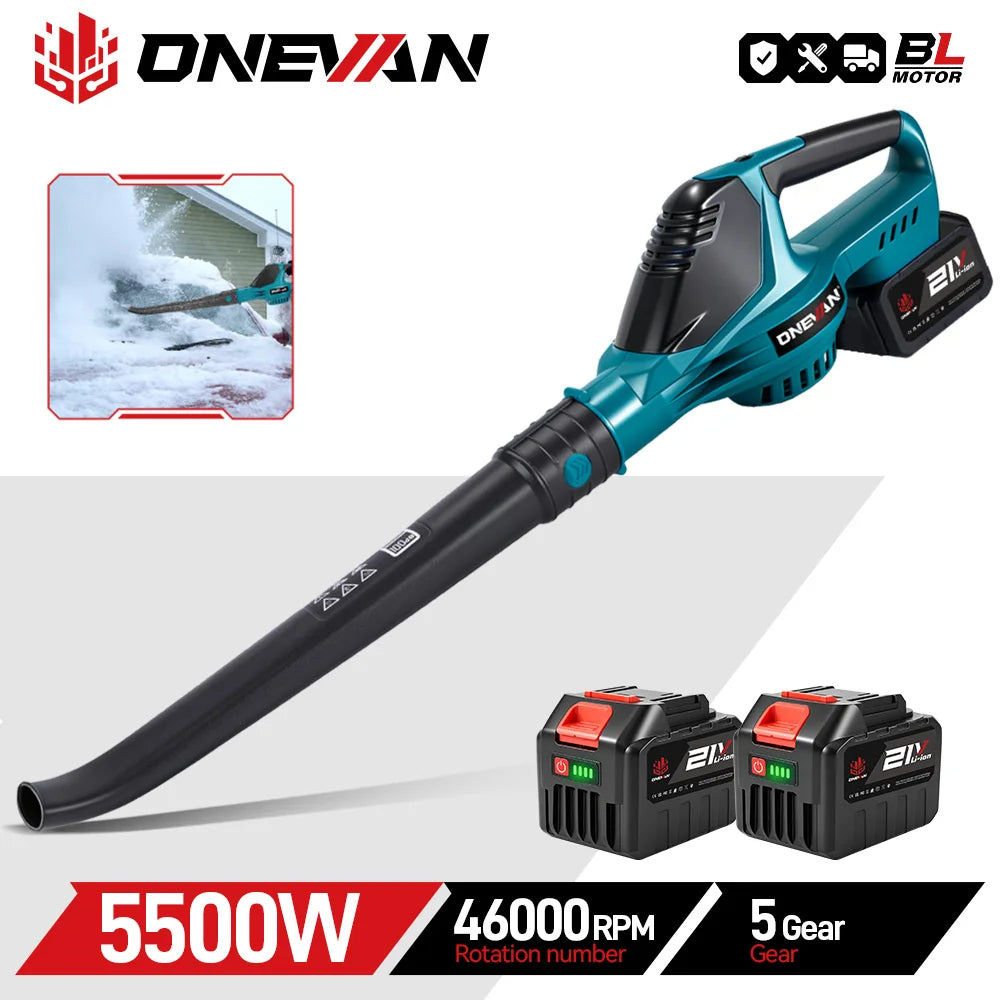 ONEVAN leaf blower front view, teal and black with two batteries
