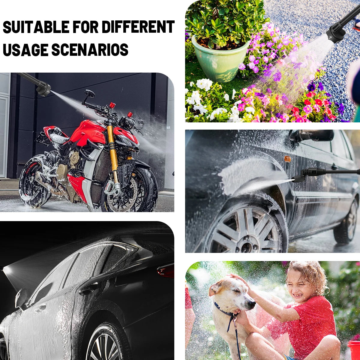 Gisam pressure washer in use scenarios, car wash and gardening