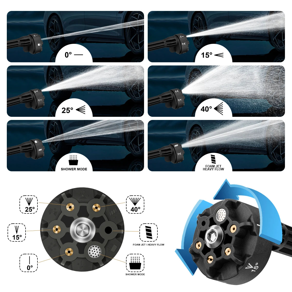 Gisam spray nozzle close-up, adjustable multiple spray patterns