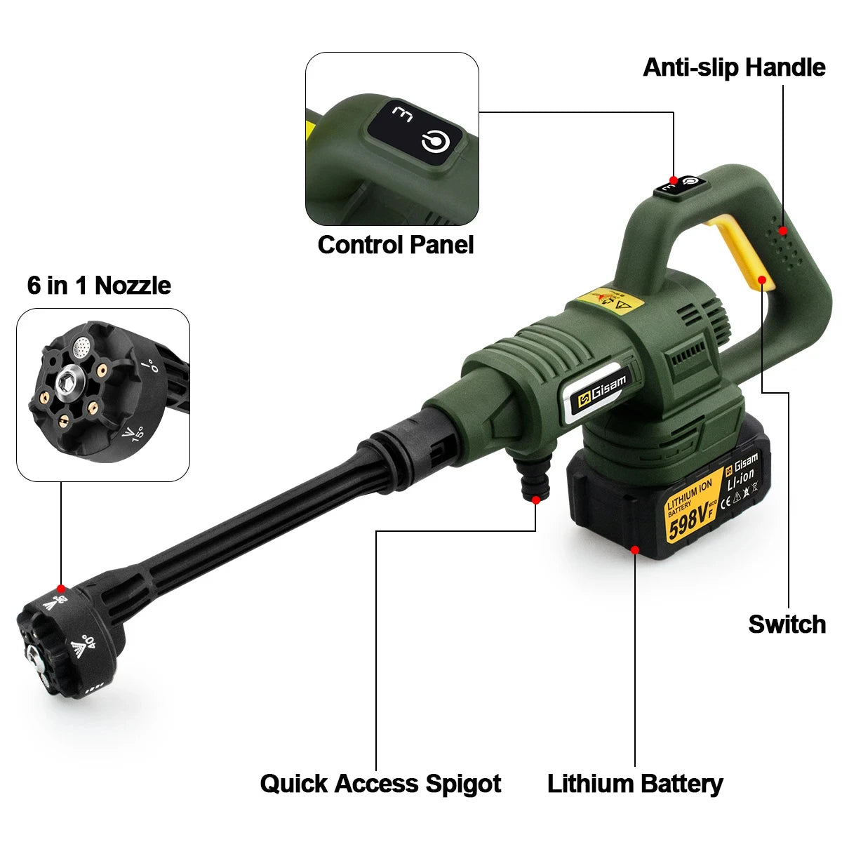 Gisam electric pressure washer control panel and detachable handle detail