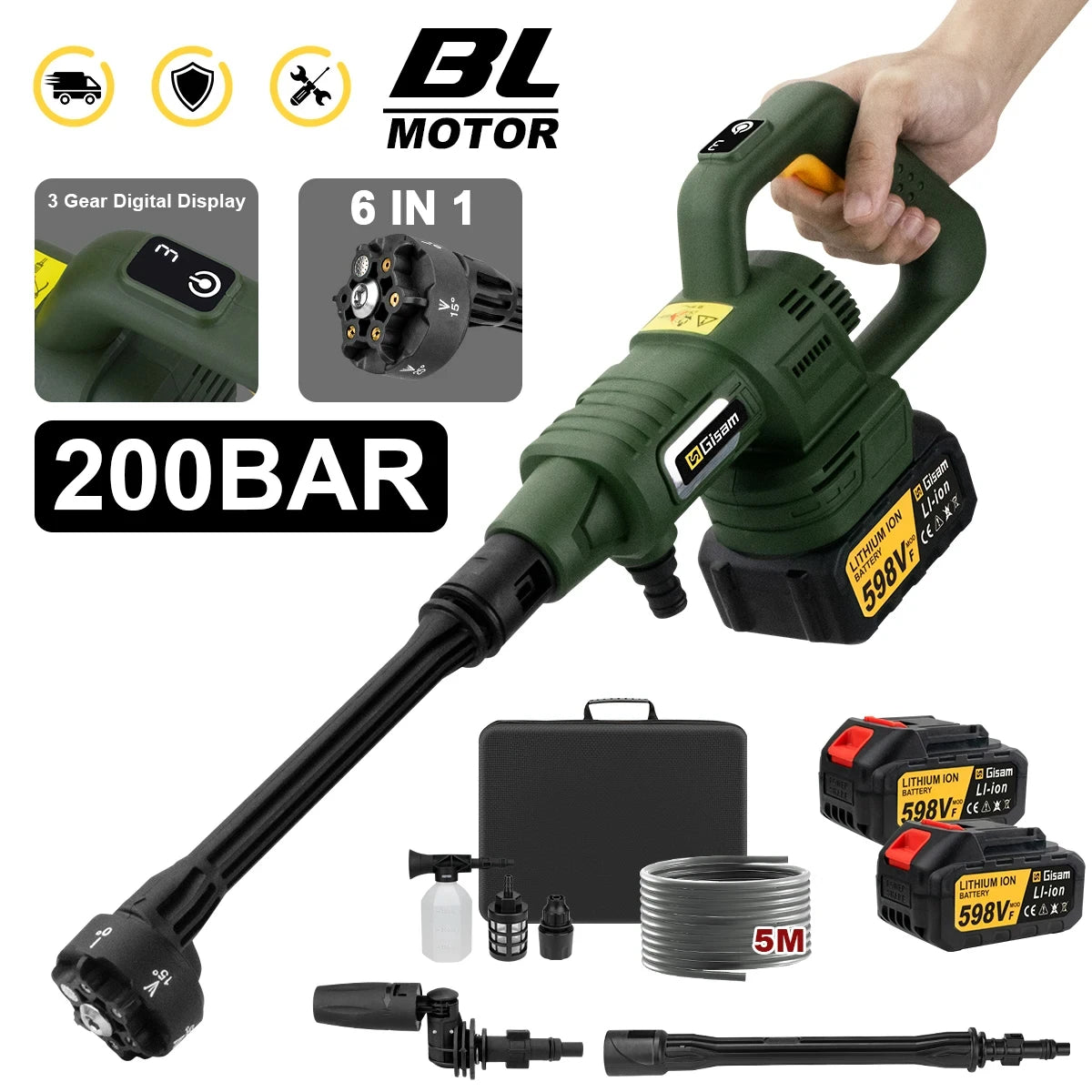 Gisam 200Bar brushless washer, green and black front view