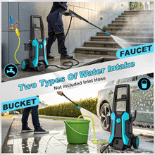 Gisam pressure washer in use, water spray cleaning stairs