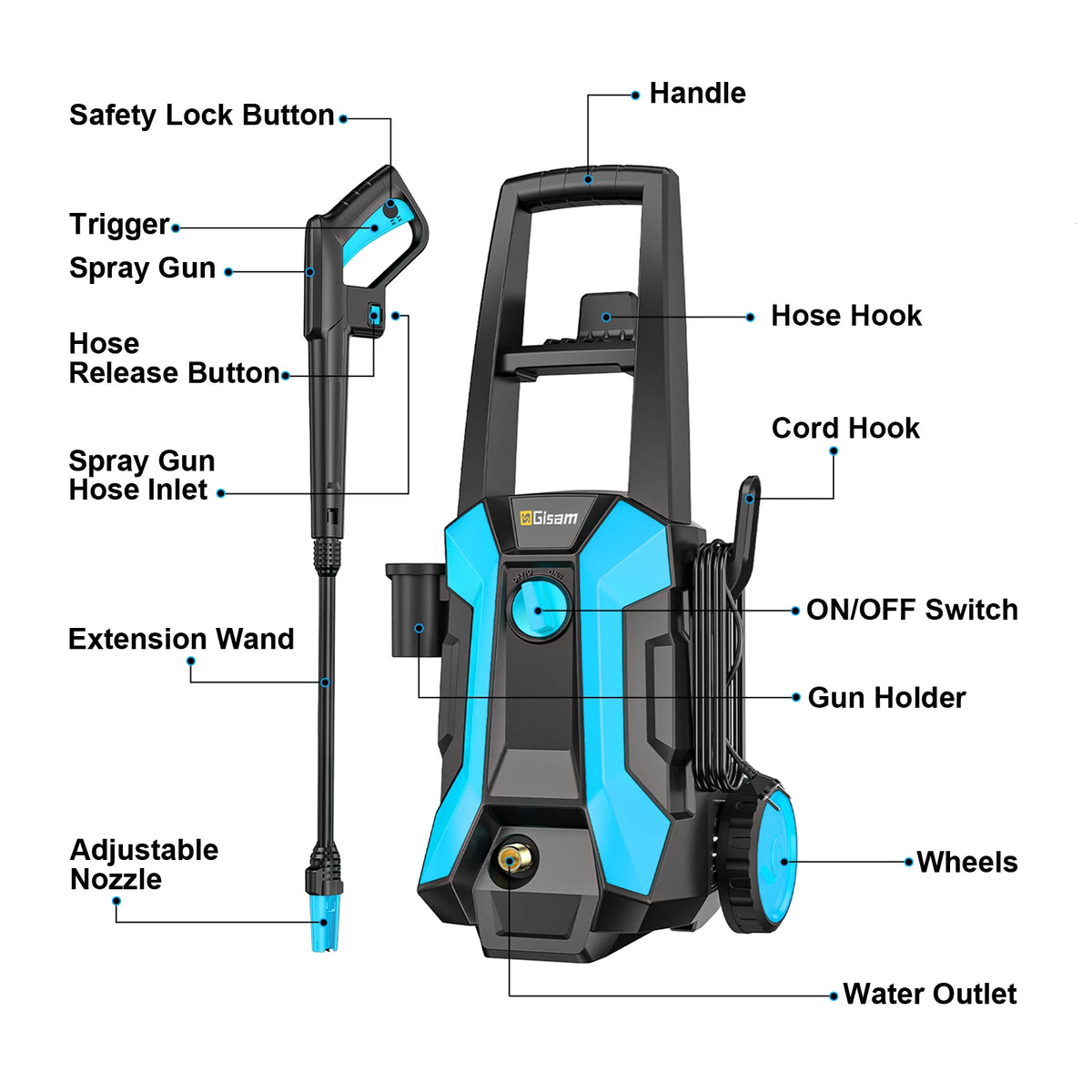 Gisam pressure washer front view, trigger gun and wheels