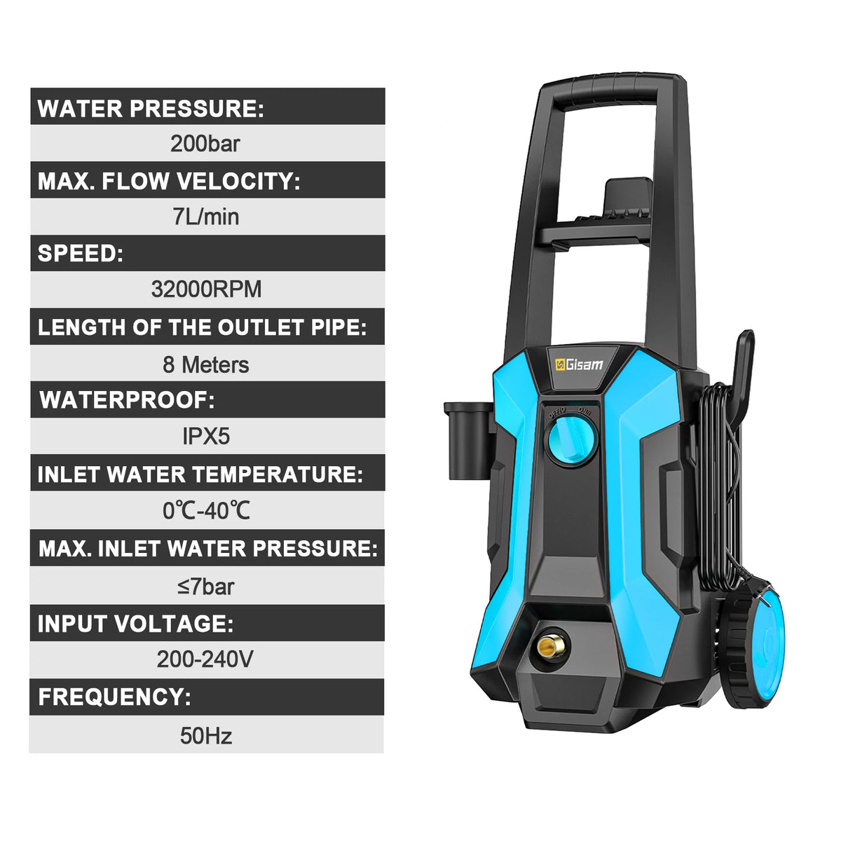 Gisam pressure washer side view, pressure settings and hose inlet