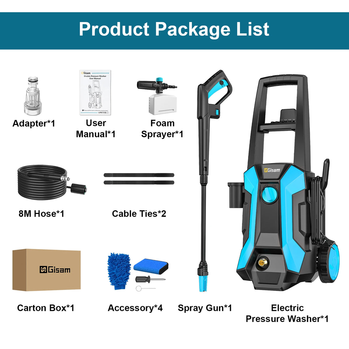 Gisam pressure washer packaging, accessories and nozzles laid out