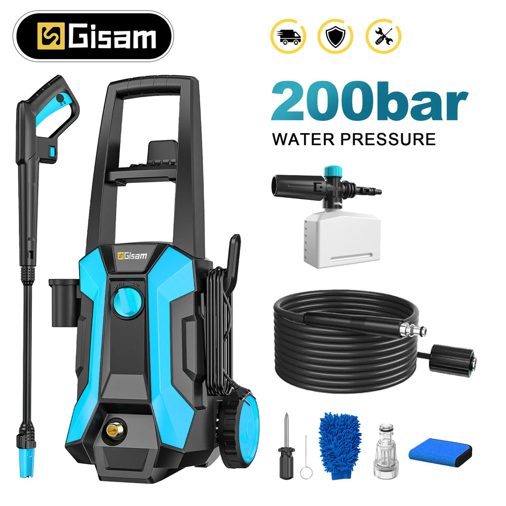 Gisam pressure washer front view, black and blue with 200 bar nozzles