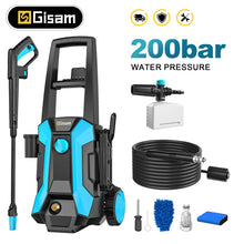 Gisam pressure washer front view, black and blue with 200 bar nozzles