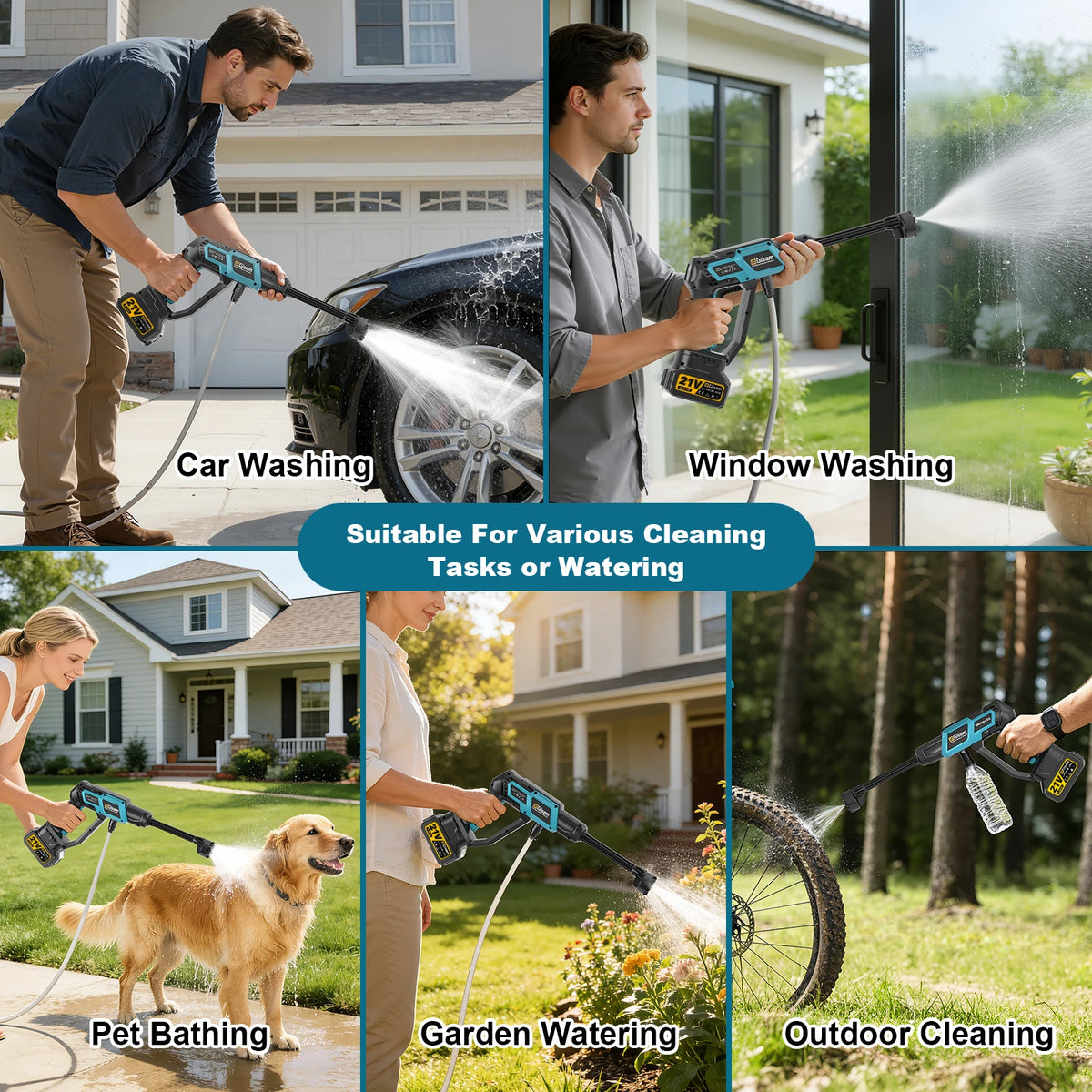 Gisam cordless washer lifestyle scene, car and deck cleaning outdoors