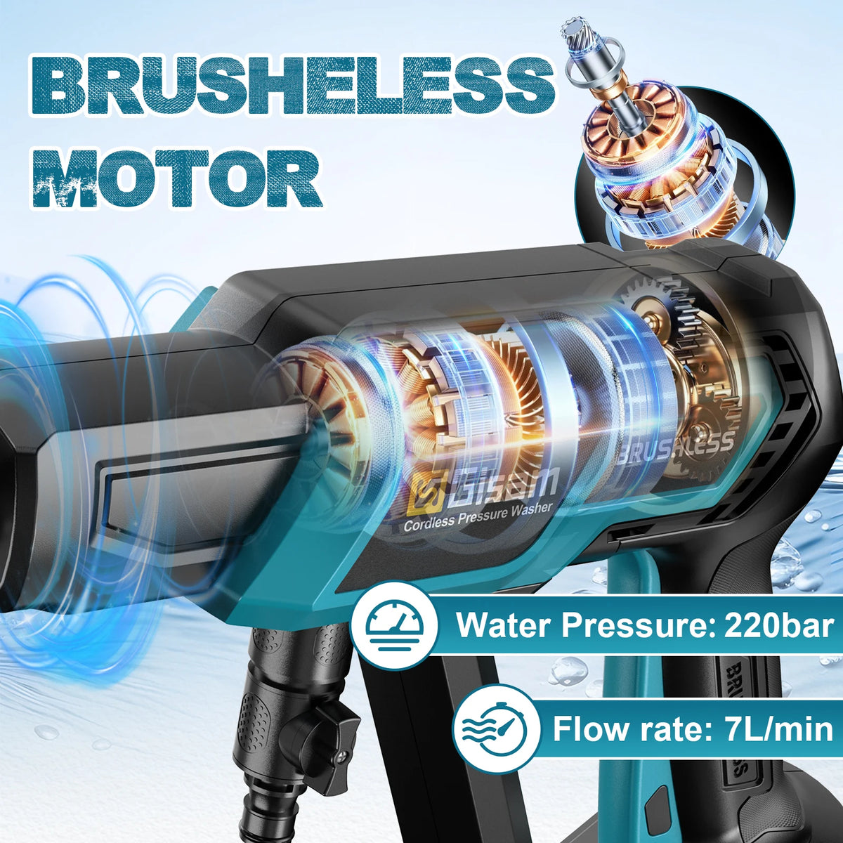 Gisam brushless motor close-up, blue and orange components