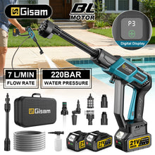 Gisam pressure washer packaging, blue and black with 220 bar details