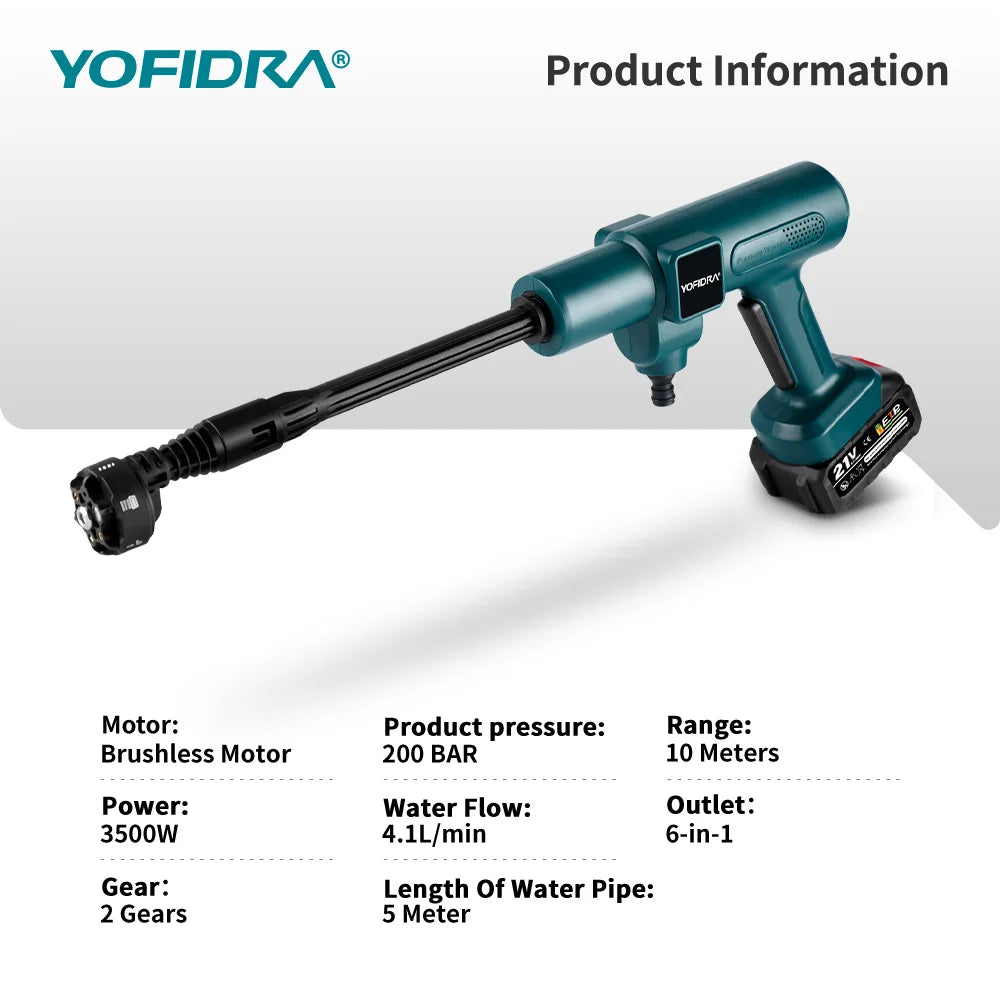 Yofidra brushless pressure washer detail on white background, blue and white