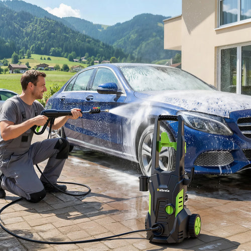Pressure washer packaging with product image and feature list