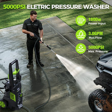 Man washing a car with the electric pressure washer, water spray
