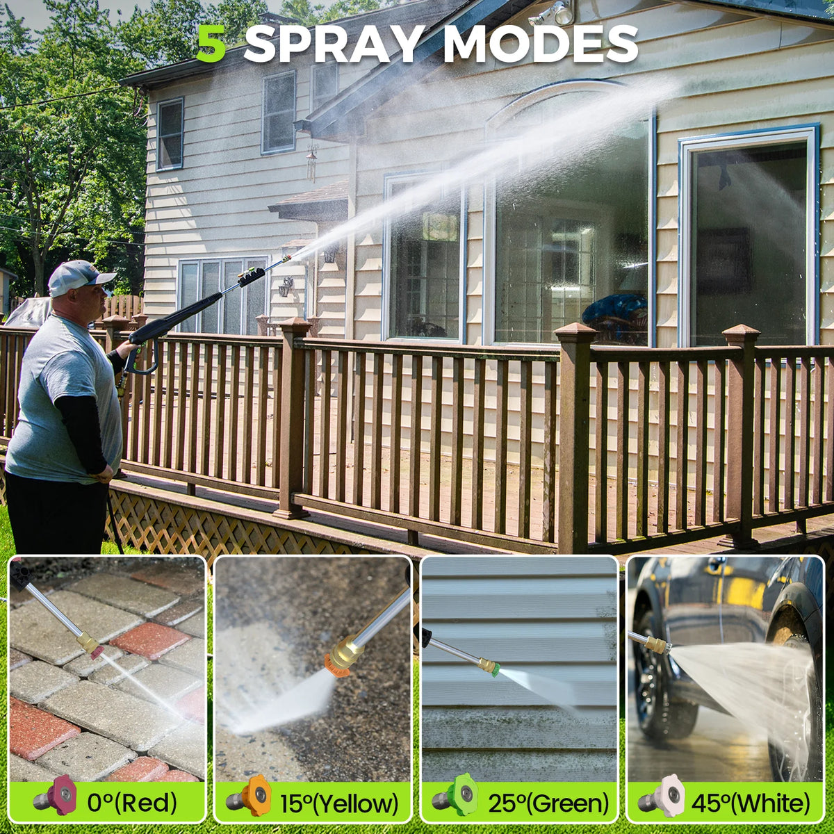 Pressure washer in use cleaning a fence, spray models visible