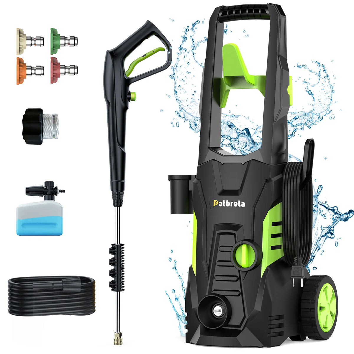 Electric pressure washer front view, black and green with wheels