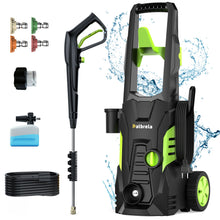 Electric pressure washer front view, black and green with wheels