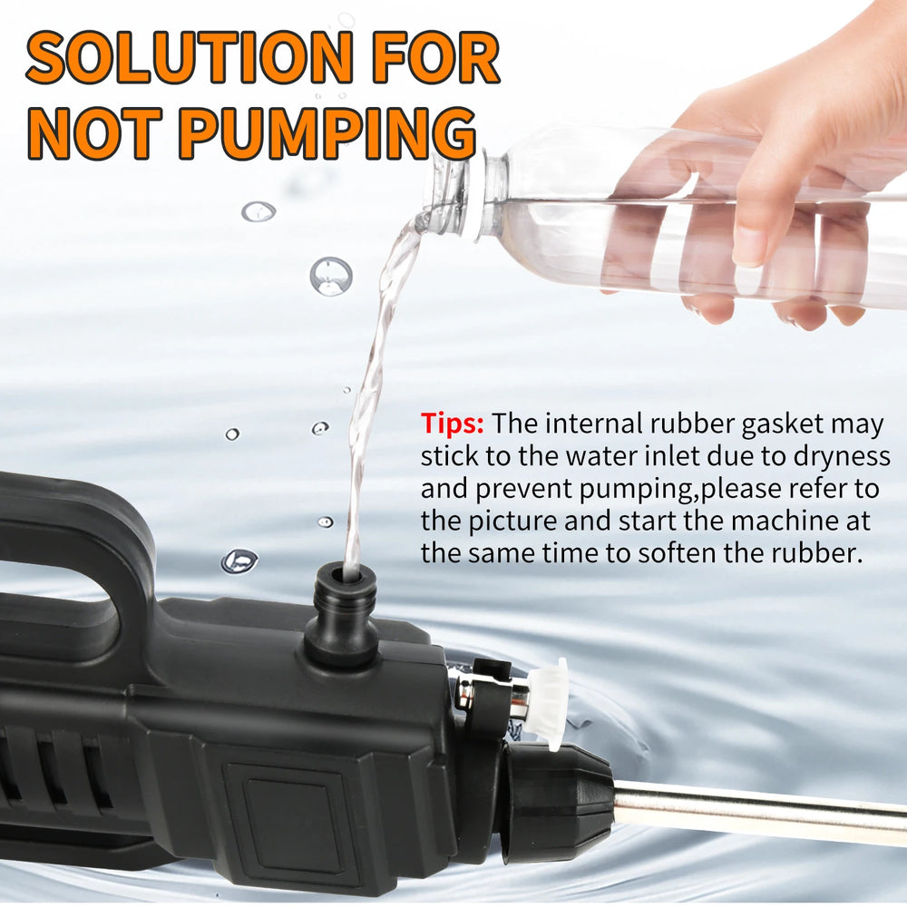 Cordless car washer detail, water flow showing self-priming pump