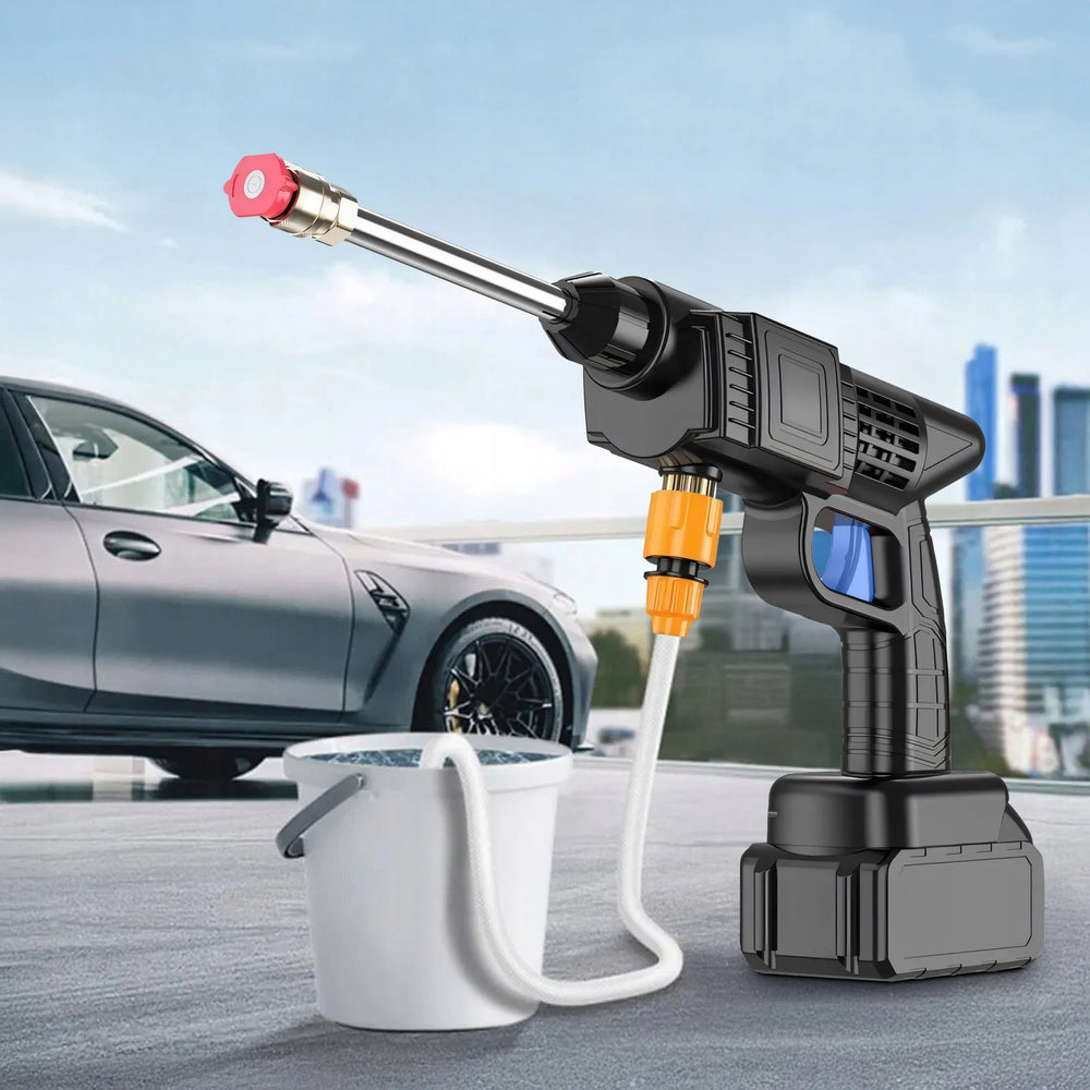 Cordless pressure washer lifestyle, water source connection and battery pack